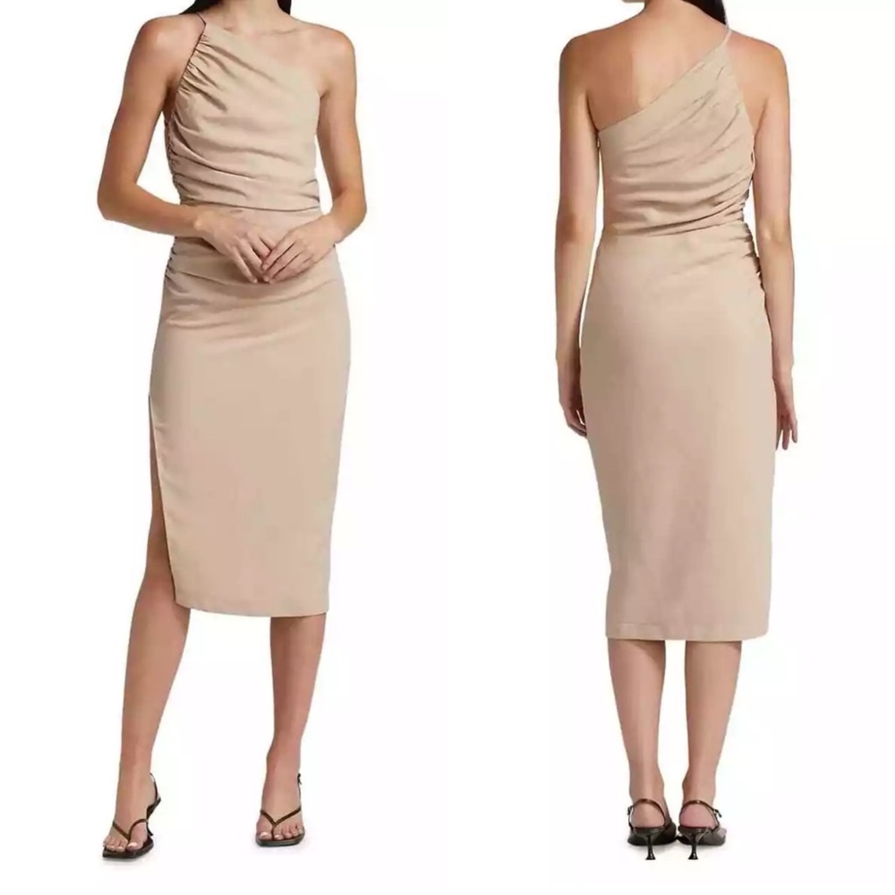 The Sei One Shoulder Midi Dress Asymmetrical Gathered Nude Tan Bone XS